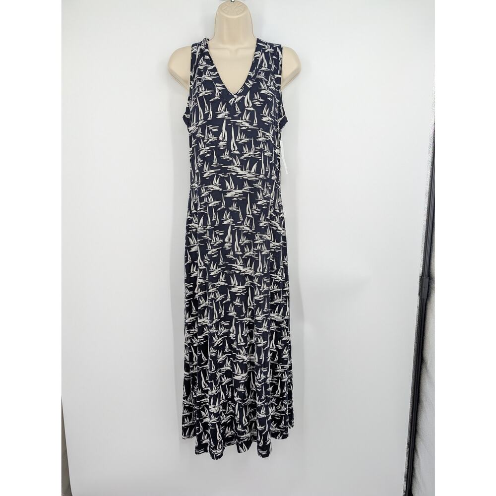 NWT Karen Kane By The Sea Sailboat All Over Print Midi Dress Medium Navy Resort